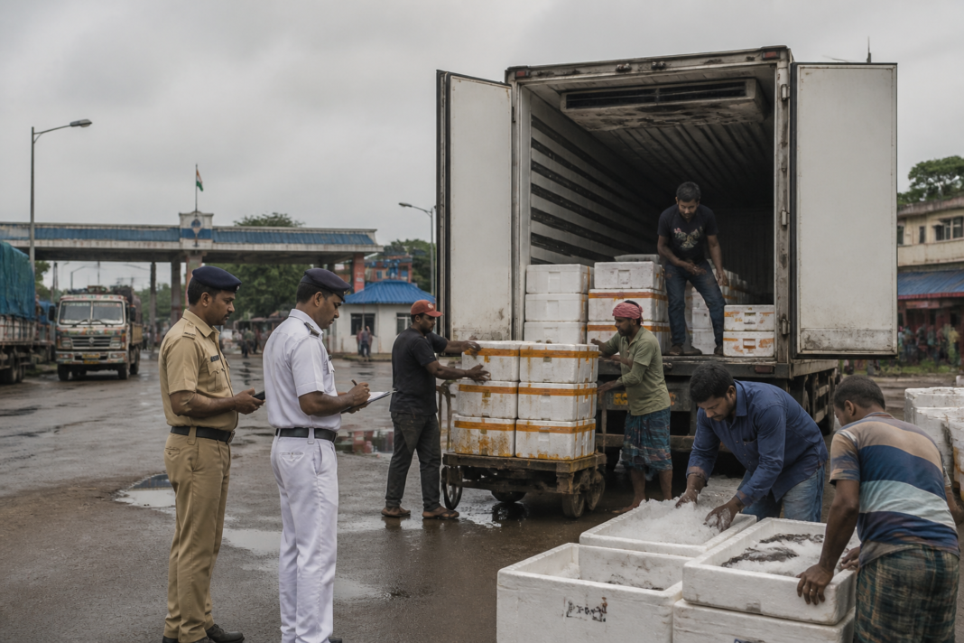 Hilsa export to Bangladesh moving through a busy Petrapole border logistics route