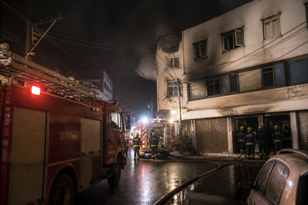 Hyderabad fire response outside a two-storey building near Santoshnagar Water Tank Road