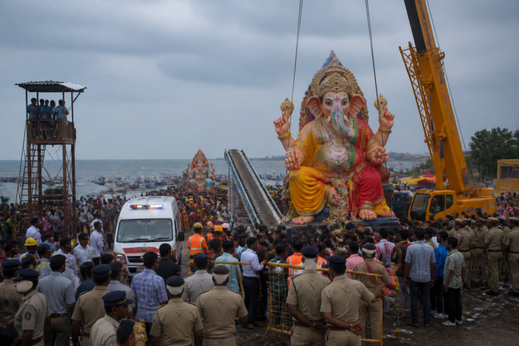 Tamil Nadu Vinayaka idol immersion preparations with police and emergency teams at a Chennai coastal site
