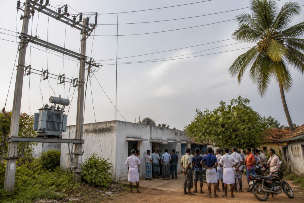 Tamil Nadu power crisis affecting a rural village street with electricity poles and homes