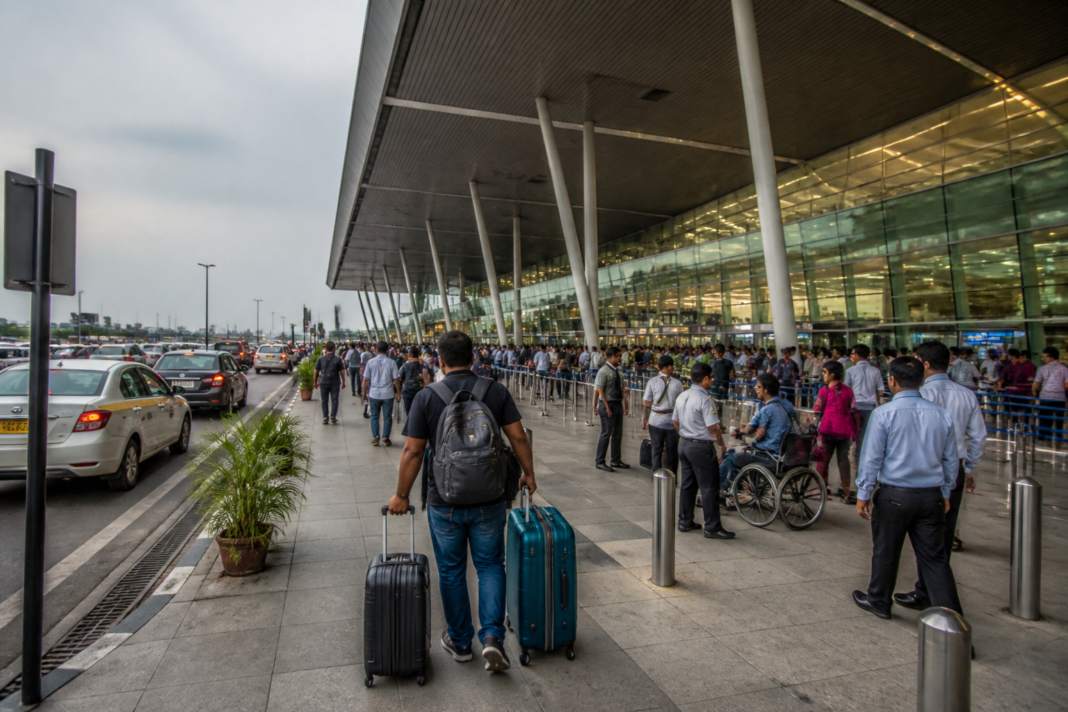 Calcutta airport terminal with passengers moving through the arrival and departure areas.
