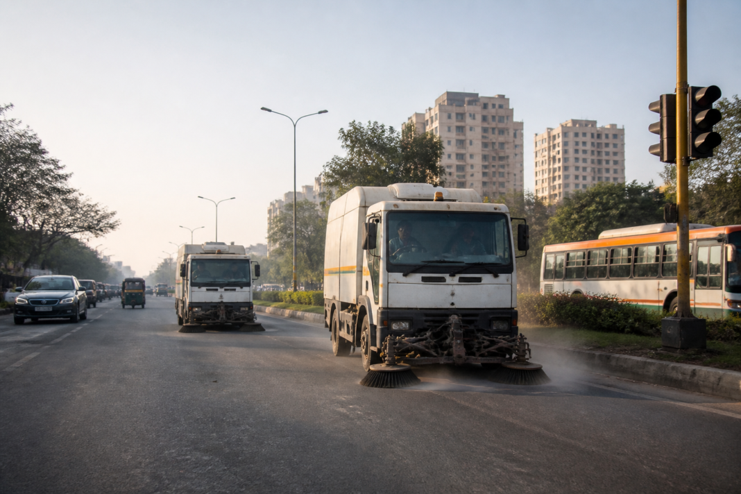 Delhi clean air days reflected in a clean boulevard with mechanised road sweeping vehicles.