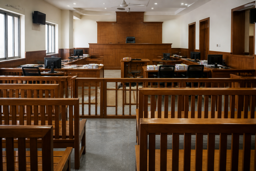 Delhi fast-track courts with courtroom benches and administrative staff workstations