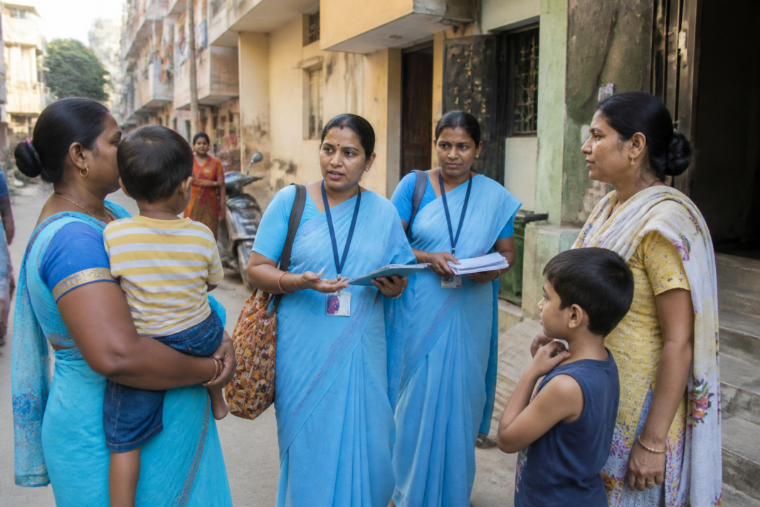 Delhi ASHA workers conducting community health outreach in an urban neighbourhood