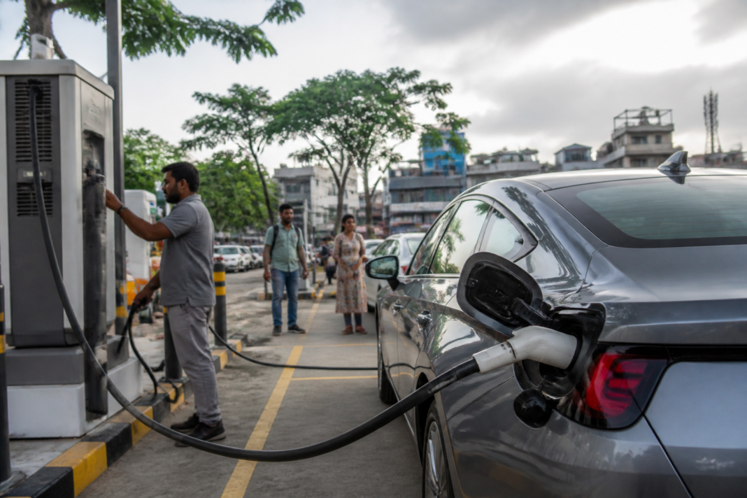 EV adoption in India supported by a public charging station and urban electric car