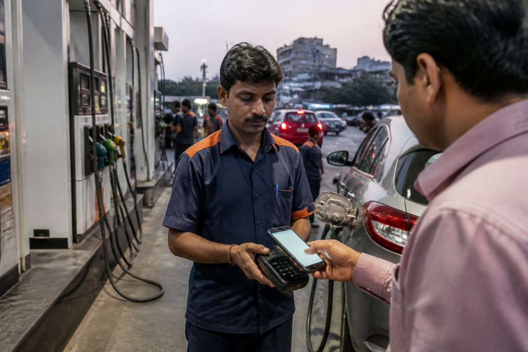 UPI MDR payment at an Indian petrol pump with a digital payment terminal