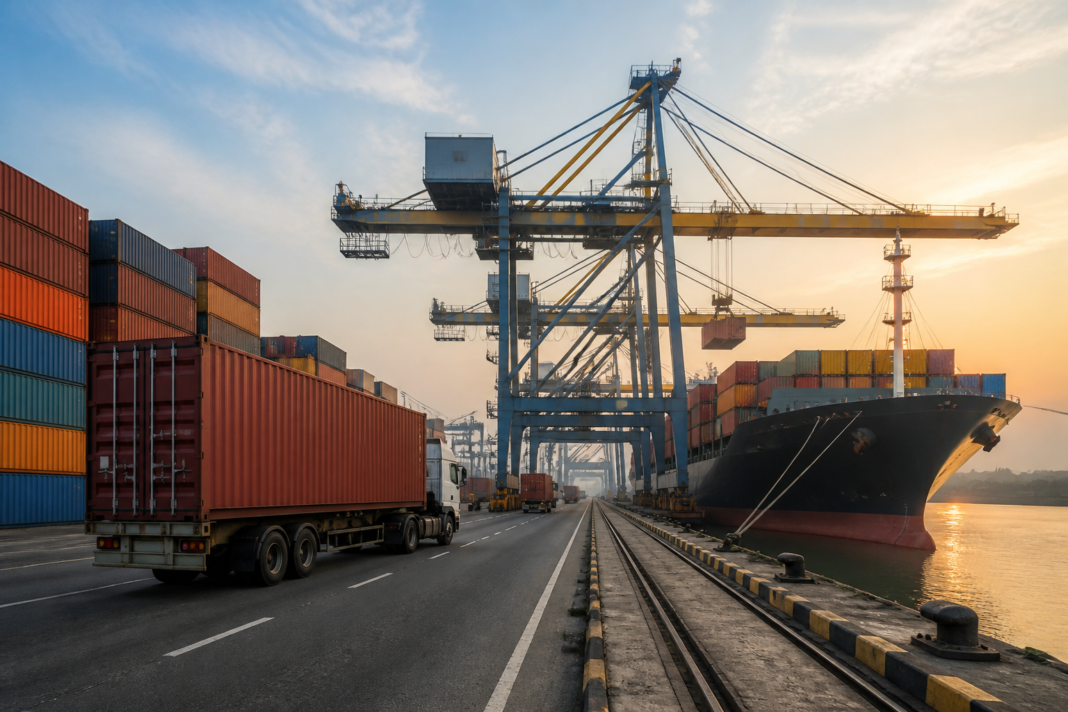 India exports moving through a busy container port with cranes and cargo infrastructure.