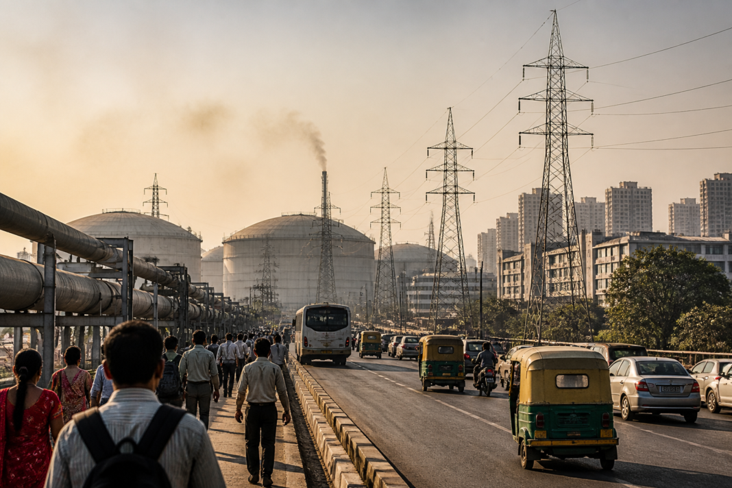 2030 gas crisis scenario showing LNG infrastructure and a stressed urban power grid