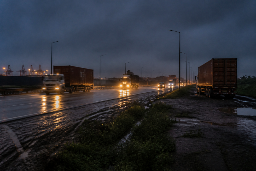 Uran JNPT Highway at night with heavy container vehicles and poorly lit road sections