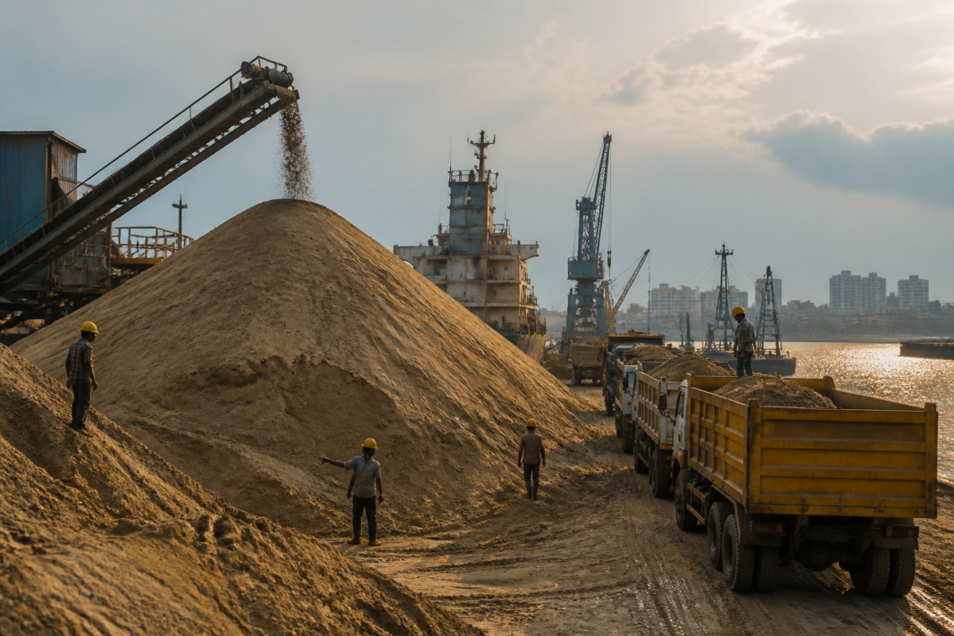 Tamil Nadu sand imports being handled near a coastal port for construction supply