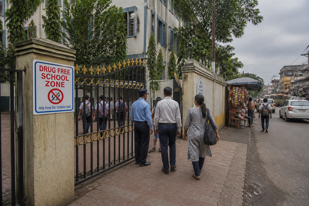 CISCE drug-free schools signage outside an urban school campus in Kolkata
