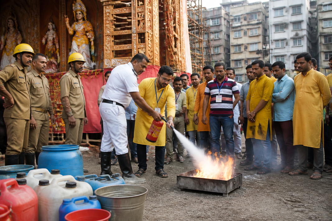 Kolkata fire safety training for puja volunteers at a temporary festival pandal