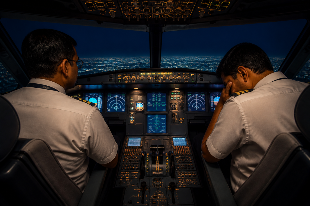 Pilot fatigue concerns highlighted inside a commercial aircraft cockpit during a flight.