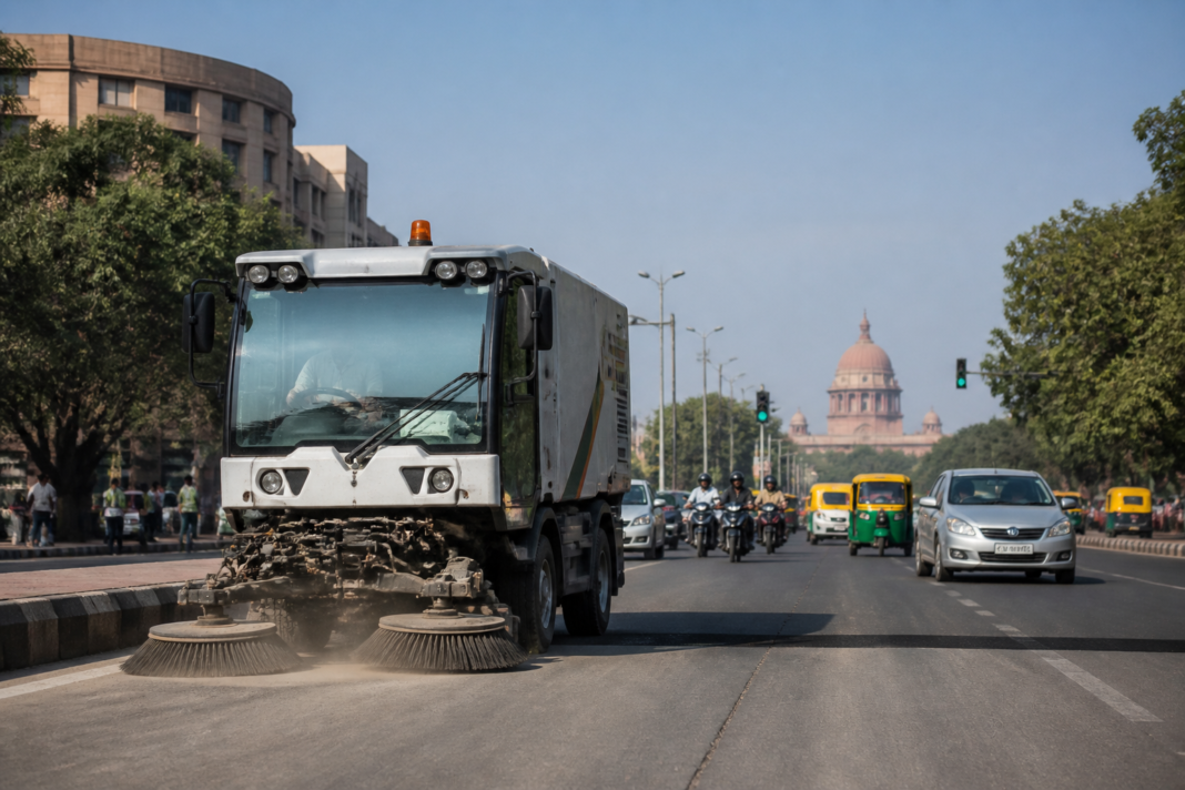 Delhi clean air days rise as a mechanised road sweeper clears a city road.