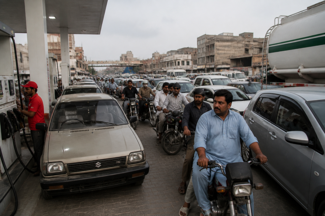Pakistan fuel prices rising at a petrol station as motorists queue for fuel
