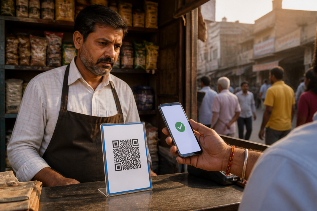 UPI MDR charge illustration showing a merchant QR payment at an Indian shop