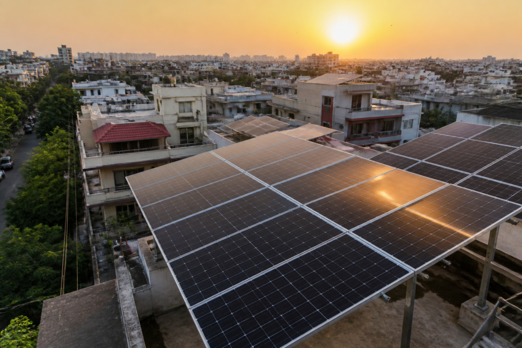 Rooftop solar in India installed across urban homes under a residential clean-energy scheme