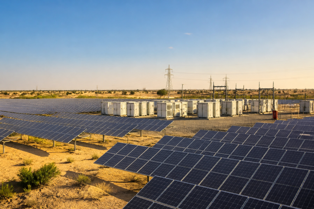 ACME Solar BESS Rajasthan project with solar panels and battery storage infrastructure in Bikaner.