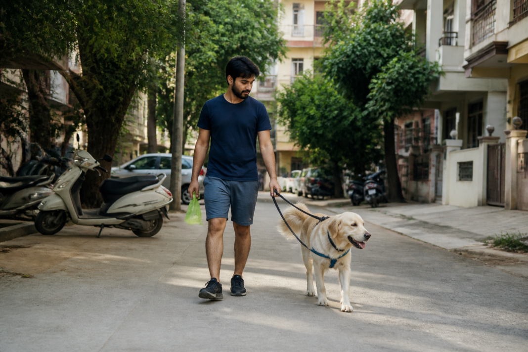 Bengaluru pet dog rules shown through a leashed dog in an urban residential neighbourhood