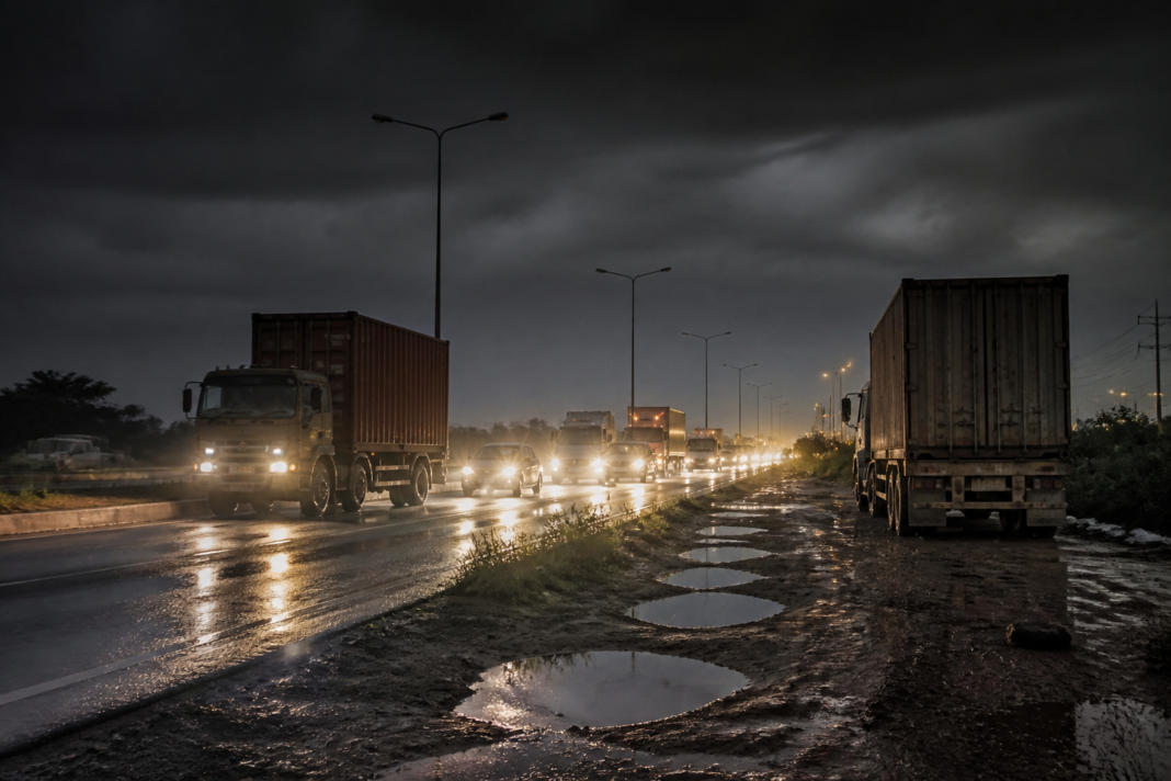 Uran JNPT Highway at night with dark road sections and heavy container trucks