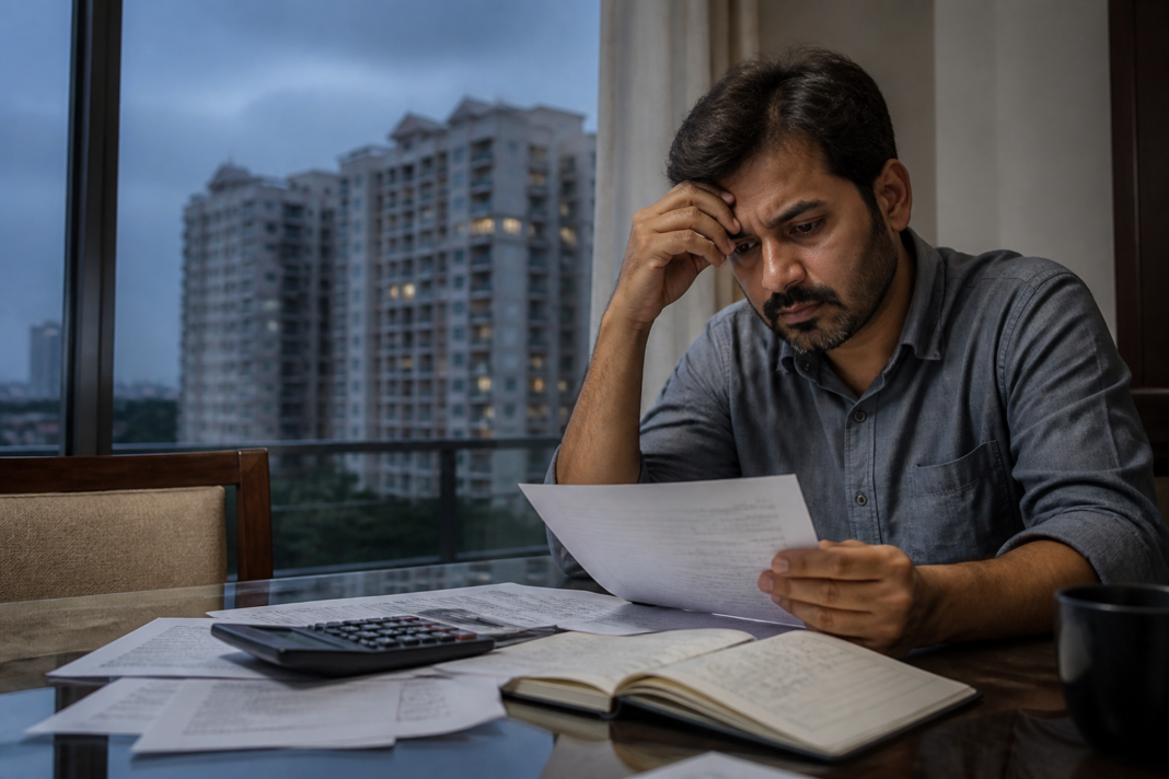 Home loan EMI paperwork beside a calculator and Indian currency notes