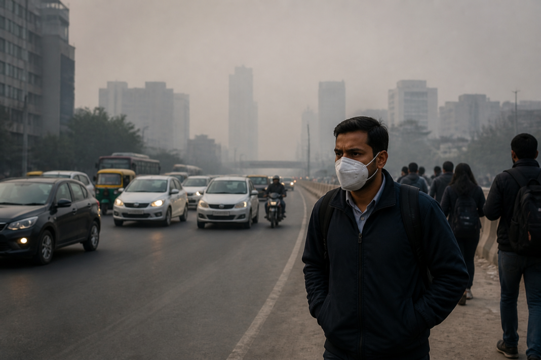 Air pollution and suicide risk represented by a hazy Indian city street with traffic and particulate pollution.