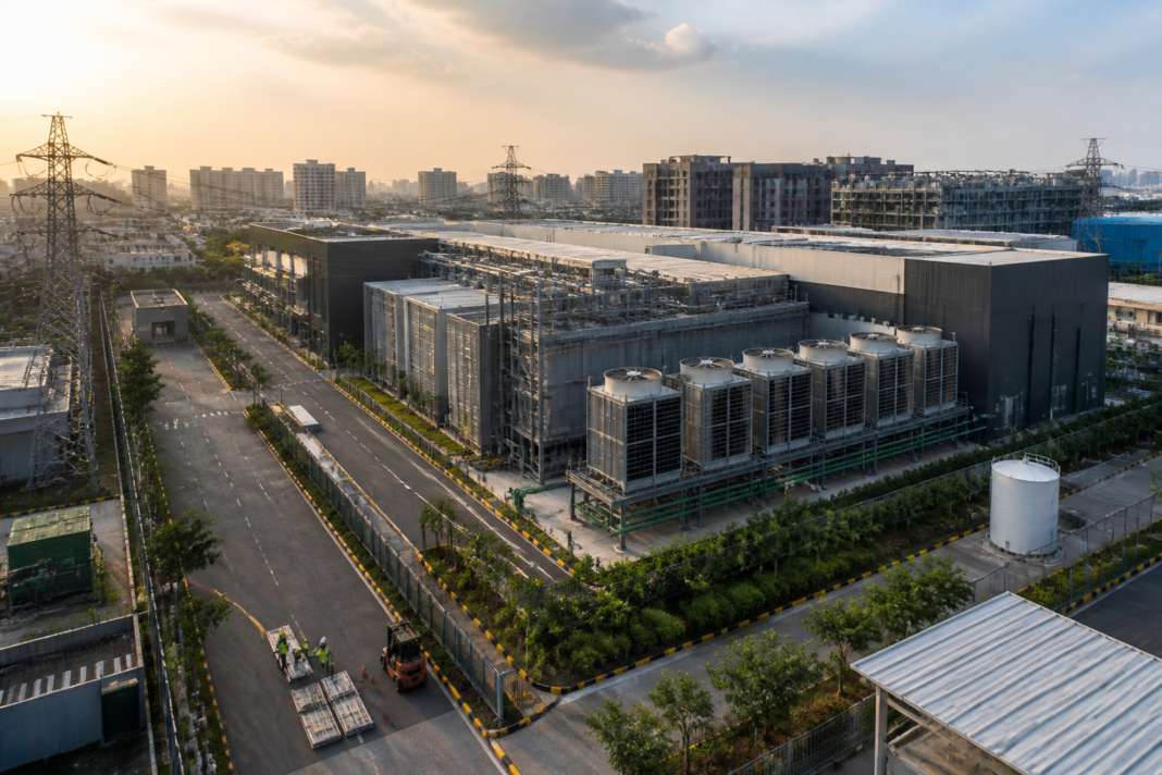 India data centre capacity growth represented by a modern server facility in an urban setting