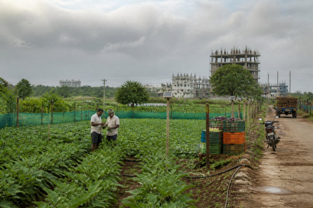 Crop diversification Telangana farms near a growing peri-urban settlement