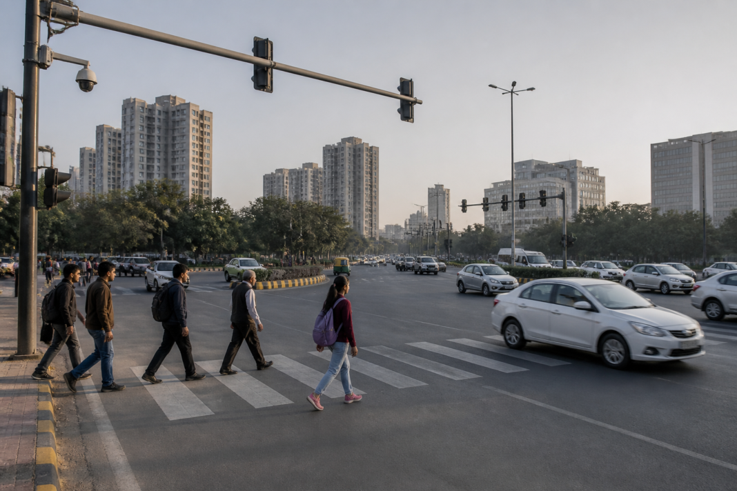 Greater Noida hit-and-run scene near a busy urban junction with CCTV and pedestrian crossing risks