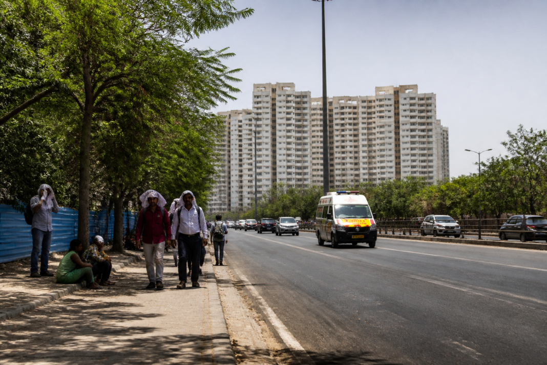 Delhi heat risk across a sun-scorched urban neighbourhood during summer