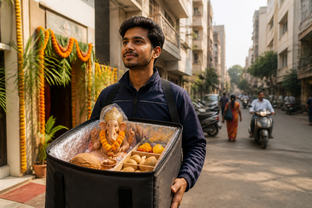 Quick commerce delivery worker carrying festive supplies in an Indian city