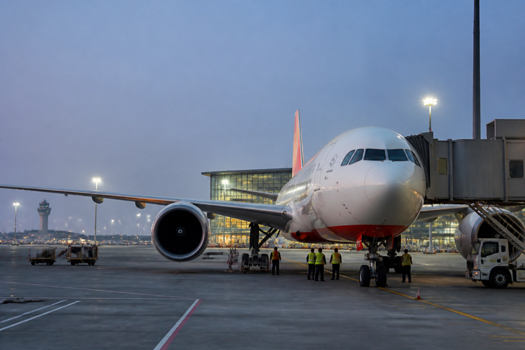 Air India aircraft at an airport, illustrating the carrier’s FY26 loss and aviation infrastructure pressures.