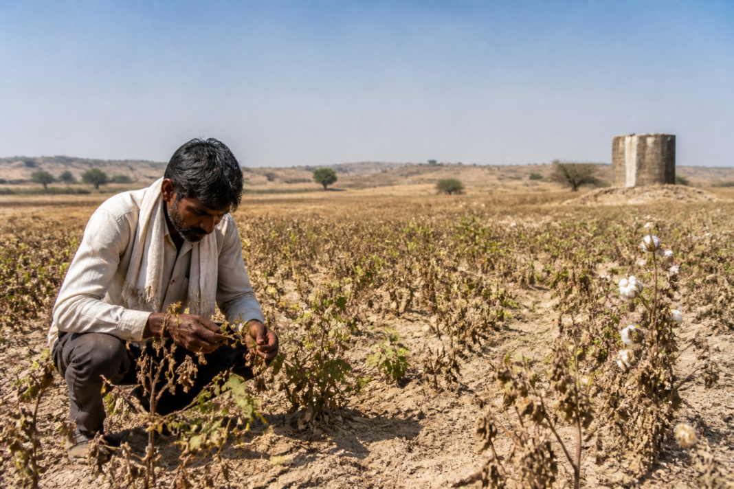 Maharashtra drought conditions affecting dry soybean and cotton fields in a rural district