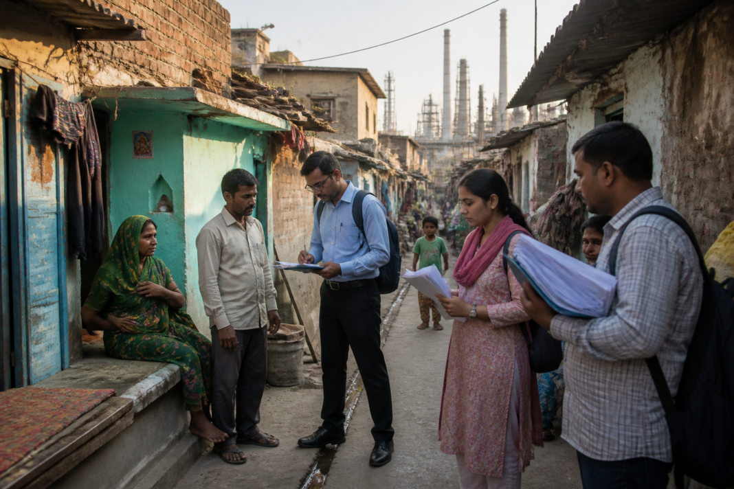 Delhi slum rehabilitation survey teams documenting homes in an urban JJ cluster