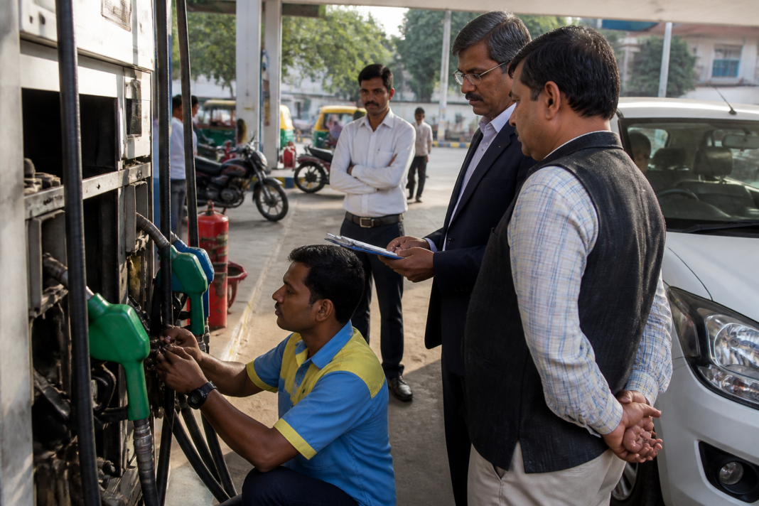 Karnataka petrol bunk checks at a fuel station with dispensing nozzles under inspection
