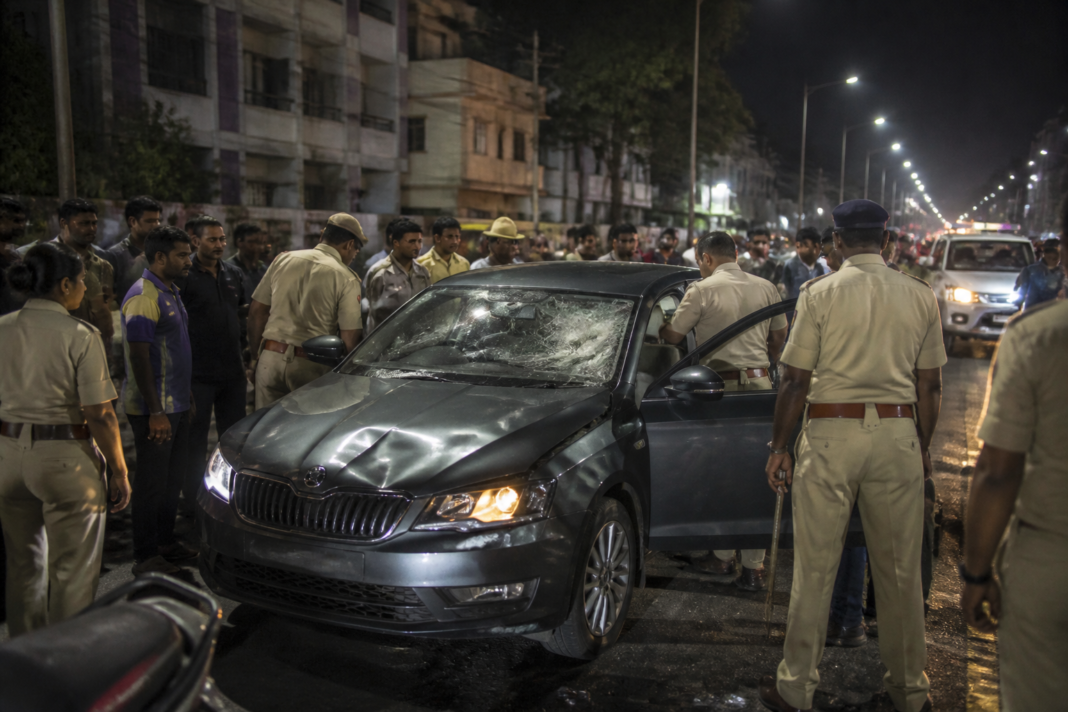 Police and residents stop a car after a Bengaluru abduction attempt and road chase.