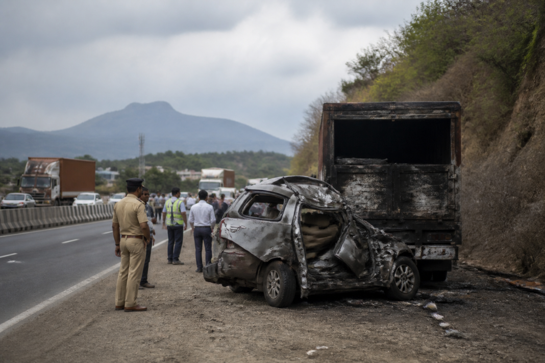 Mumbai-Nashik Highway accident scene near Atgaon involving a damaged vehicle and stationary truck
