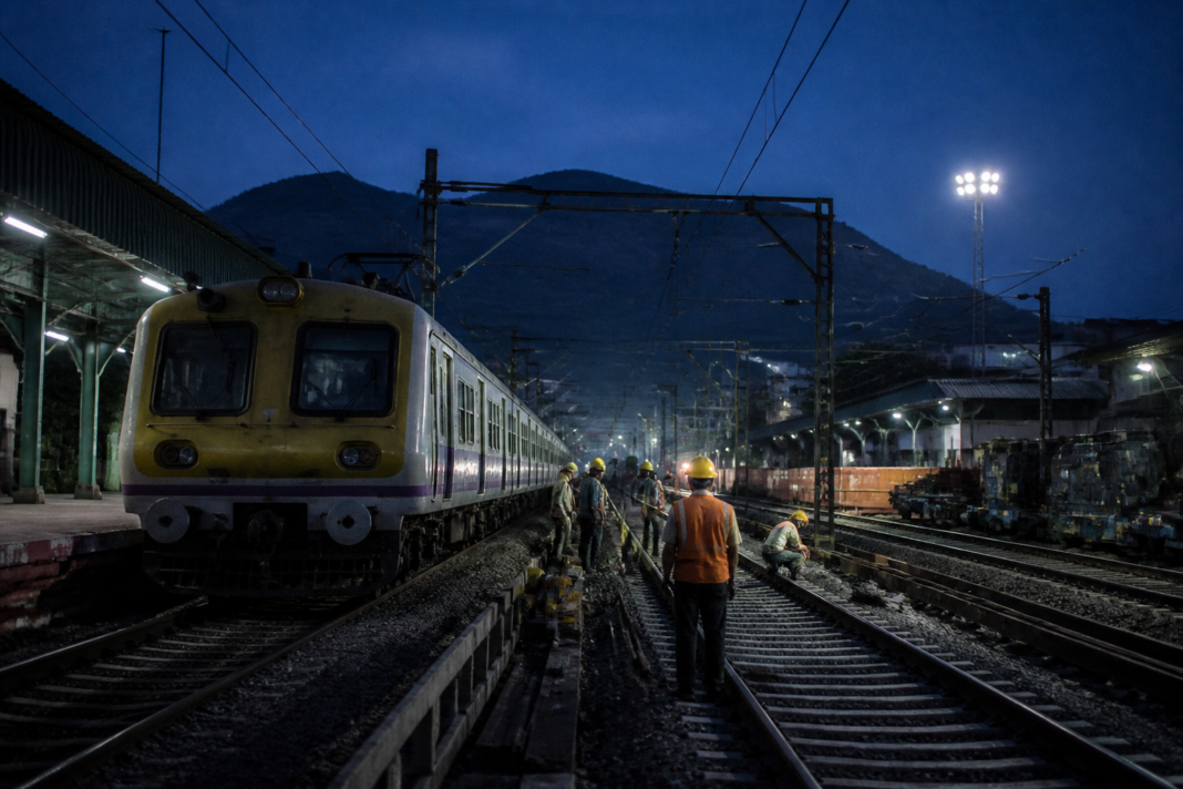 Khopoli local train services at a Central Railway station during night maintenance work