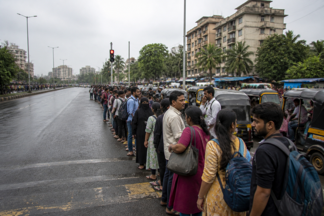 Vasai-Virar bus strike leaves commuters waiting for alternative transport on a crowded city road.