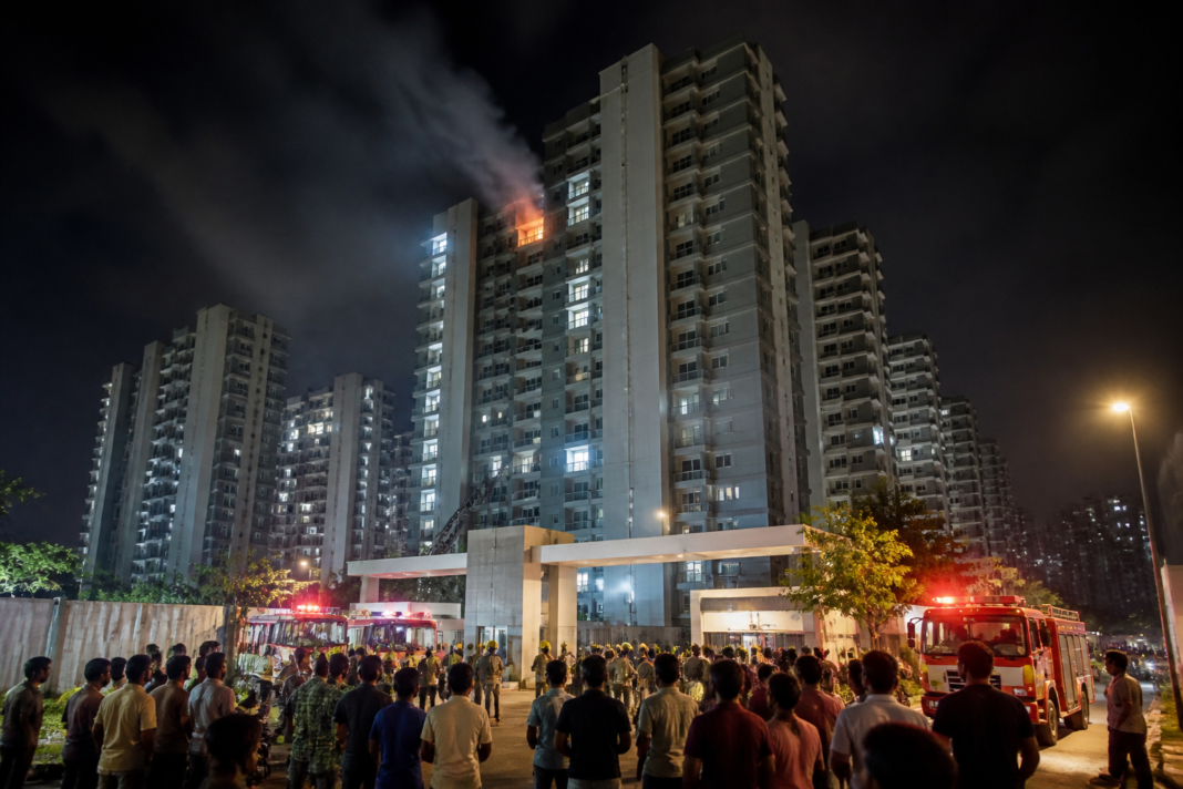 Firefighters responding to the Thaiyur apartment fire near Kelambakkam on Chennai's OMR