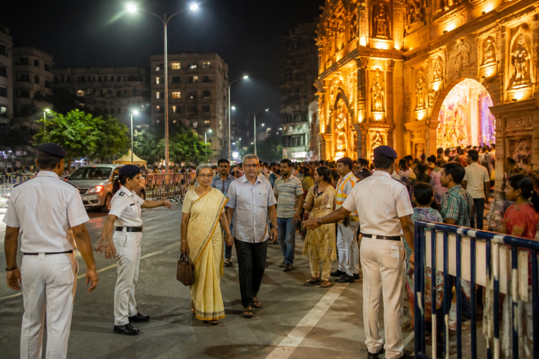 Bidhannagar Puja arrangements with police managing access near a Kolkata pandal
