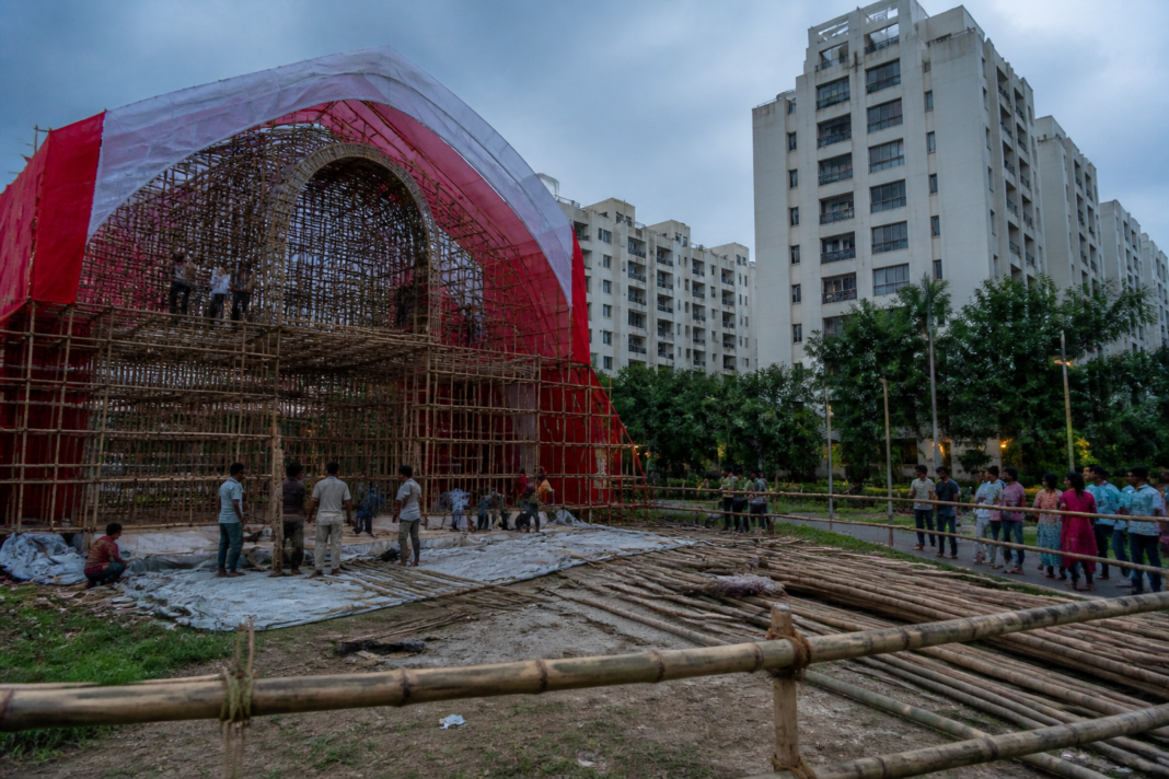 New Town Durga Puja pandal construction amid a dispute over the NKDA permission.