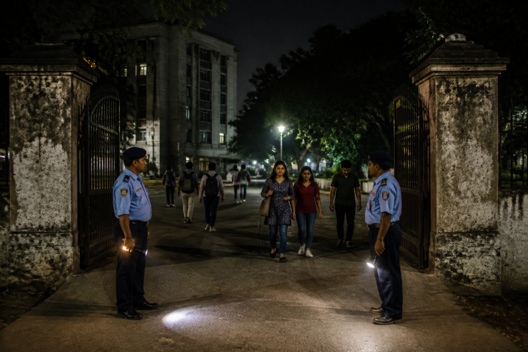 Jadavpur University curfew security guards patrol the Kolkata campus at night
