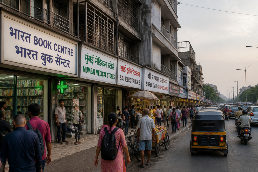 Marathi signboards in Mumbai displayed outside a commercial establishment on a busy city road