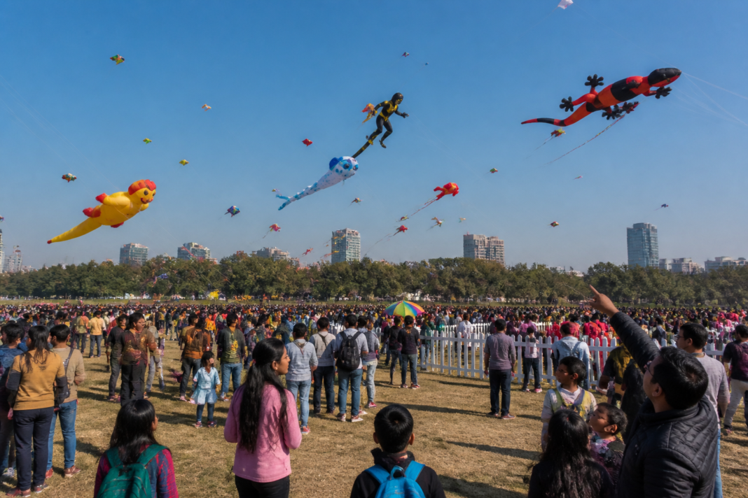 Baansera Patang Utsav 2027 with colourful kites flying over a Delhi public space