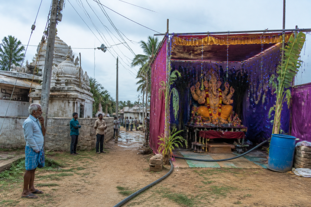 Ganesha pandal with decorative electrical lights in a Karnataka village