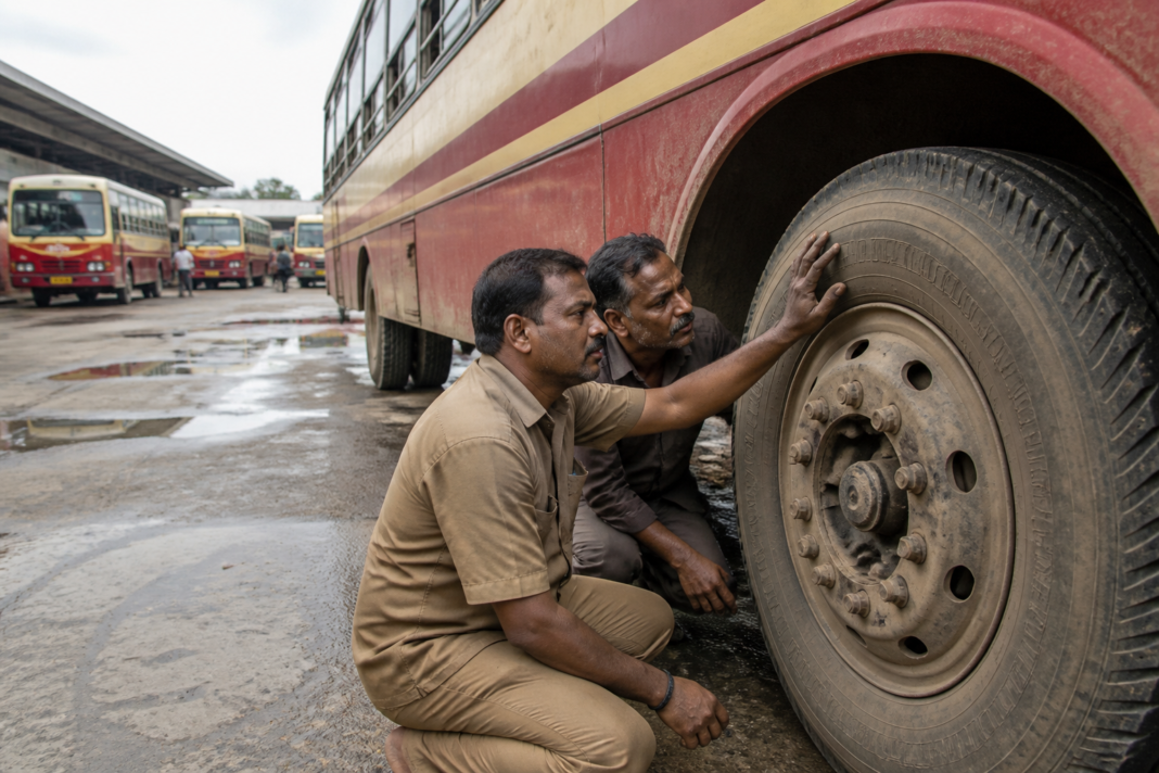 Tamil Nadu government bus on a highway, illustrating concerns over bus safety and tyre maintenance.