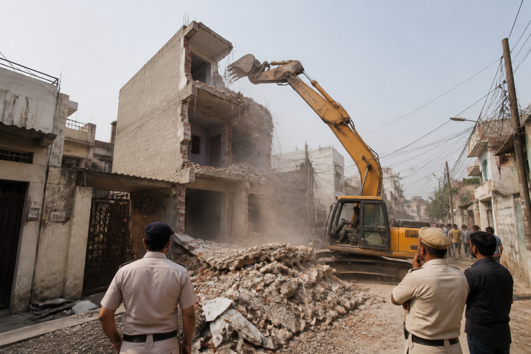 Delhi MCD demolition drive targeting an unauthorised building in an urban neighbourhood