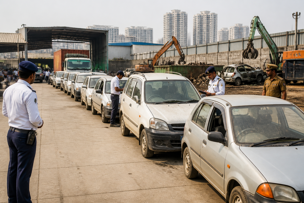 Noida old vehicle crackdown with seized cars at an authorised vehicle scrapping centre