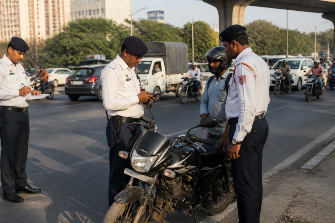 Gurugram traffic police inspect a seized motorcycle with pending challans at a roadside checkpoint.